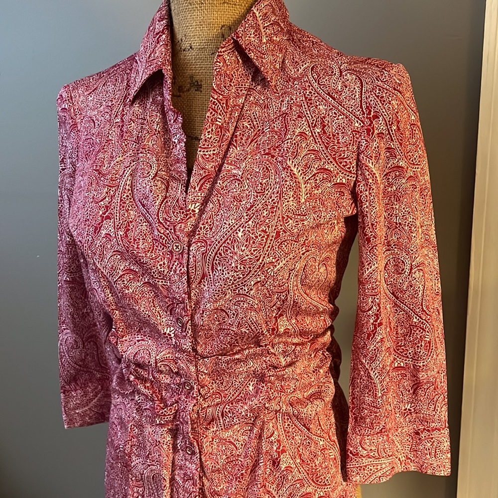 New York & Company Button Up Collared Blouse Quarter Sleeve Cinched Waist Size S - Picture 2 of 5